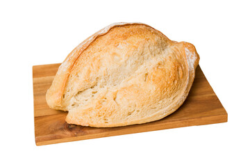 Freshly baked bread on cutting board isolated on white background . perspective view bread with copy space