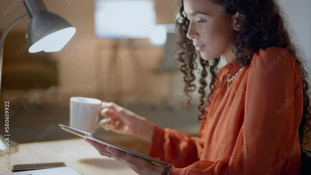 Poster remote work, tablet and woman designer drinking coffee while working on a design on a calm night usi