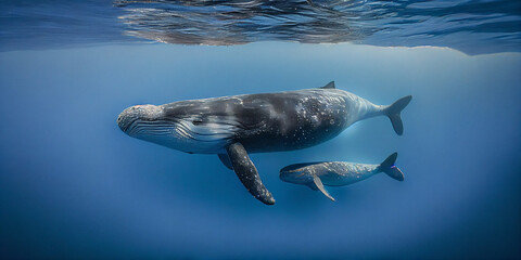 Obraz premium A whale calf swimming alongside its mother geneated by AI