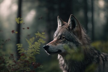 A wolf in the woods. Cinematic Look. Generative AI.