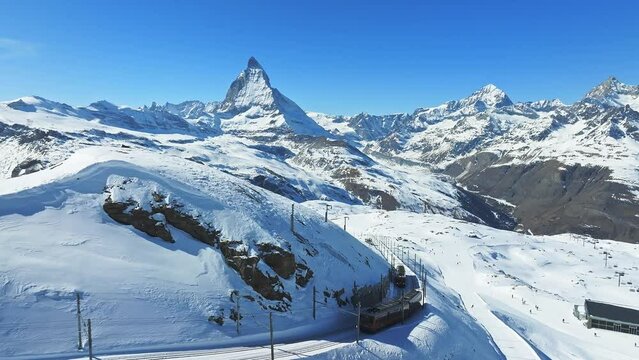 Beautiful Zermatt ski resort with view of the Matterhorn peak on the horizon. Beautiful Swiss Alps.