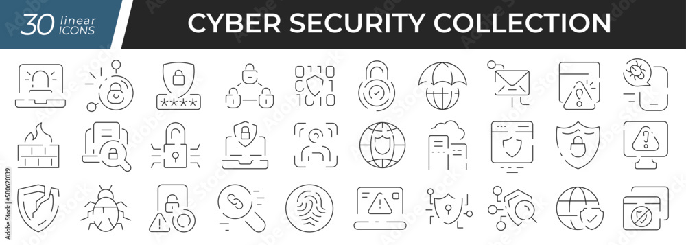 Poster Cyber security linear icons set. Collection of 30 icons in black