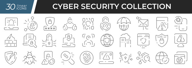 Fototapeta na wymiar Cyber security linear icons set. Collection of 30 icons in black