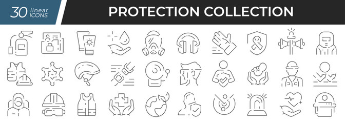 Obraz na płótnie Canvas Protection linear icons set. Collection of 30 icons in black