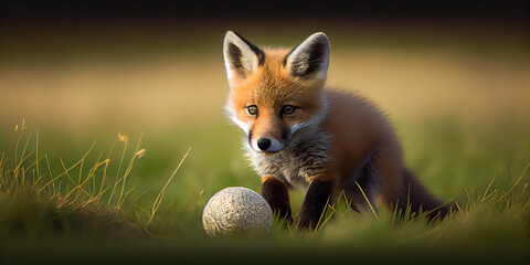 A fox cub playing with a ball in the field generated by AI