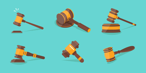 Set of law gavel in a flat design. Justice gavel collection