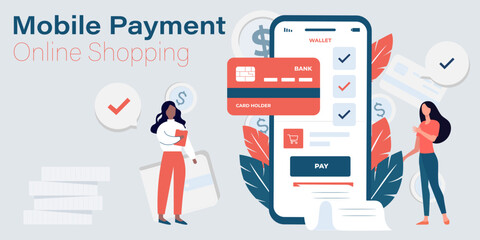 Mobile payment concept with people and smartphone. Online shopping concept