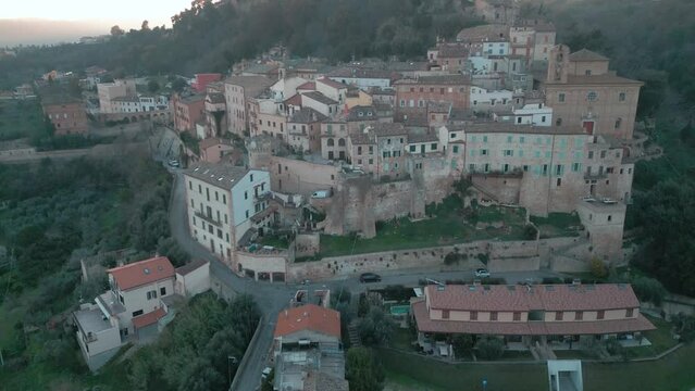 Aerial view from the drone of the medieval village of Grottammare Alta with spectacular views of the Adriatic Sea and San Benedetto del Tronto