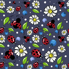 Floral seamless dark background with daisies and ladybugs. Print with insects and flowers for fabric and paper, hand drawing, vector. Wildflowers seamless print
