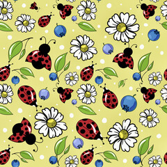 Floral seamless dark background with daisies and ladybugs. Print with insects and flowers for fabric and paper, hand drawing, vector. Wildflowers seamless print