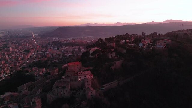 Aerial view from the drone of the medieval village of Grottammare Alta with spectacular views of the Adriatic Sea and San Benedetto del Tronto