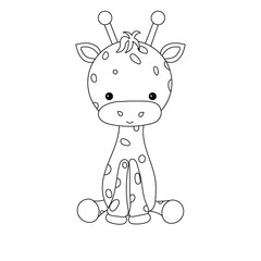 Giraffe. Line drawing of a giraffe. Child's sitting position. Cuteness. Polka dots. Cartoon pictures. Toys. Dolls, coloring books.