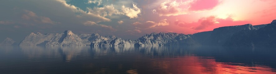 Arctic sunset over water against the background of ice, sea sunset among the ice, 3d rendering