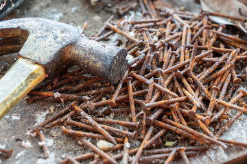 Rusty nails and hammers.