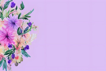 Fototapeta na wymiar Colorful flowers & blossoms on a purple background painted with watercolors, generative ai, banner, mother's day, easter, valentines day, wedding, love, roses, alstroemeria, freesia, floral design