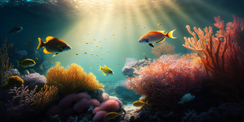Fototapeta na wymiar Panorama Underwater coral reef on the sea Generative ai