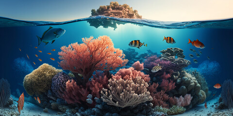 Panorama Underwater coral reef on the sea Generative ai