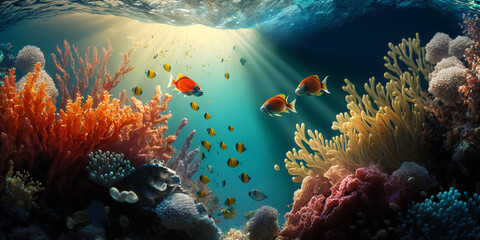 Naklejka na ściany i meble Panorama Underwater coral reef on the sea Generative ai