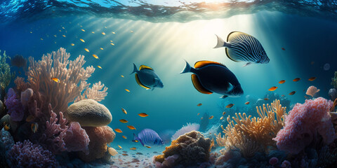 Obraz na płótnie Canvas Panorama Underwater coral reef on the sea Generative ai