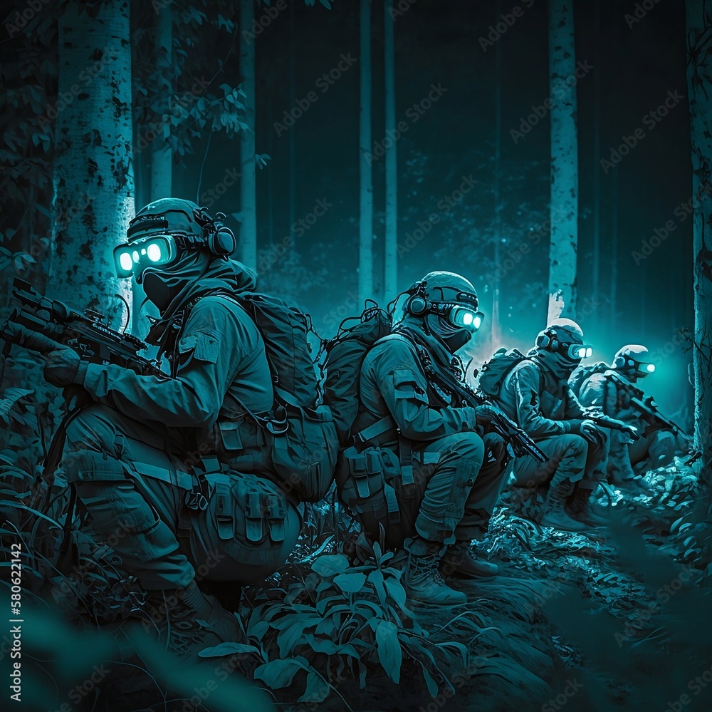 Wall mural A squad of solders wearing night vision goggles in the forest at night