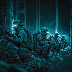 Fototapeta premium A squad of solders wearing night vision goggles in the forest at night
