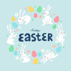 Happy easter card with lettering, bunnies and eggs. Minimalist holiday vector illustration design in circular shape