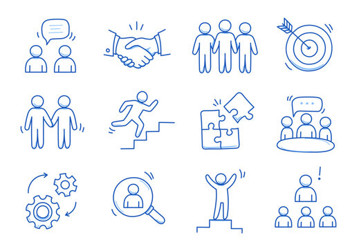 Doodle Business Team Icon Set. Doodle Teamwork People Community, Office Man Group Work Concept. Target, Gear, Handshake Element. Hand Drawn Sketch Style Vector Illustration