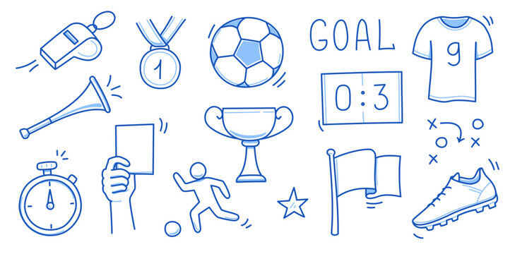 Doodle soccer element set. Football goal, award cup, soccer ball hand drawn line doodle sketch style equipment. Vector illustration