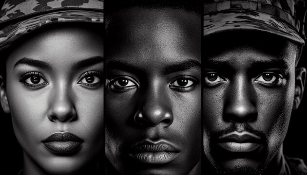 Black and white portrait capturing a person's or couple's expression through eyes and facial featuresClose-up portrait of a beautiful black model with a thoughtful expressionClose-up portrait of a bea
