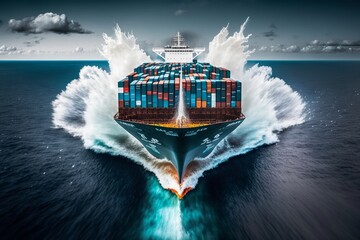 Efficient Container Shipping: Witness the Speed of a Loaded Cargo Ship Over the Vast Ocean (97 characters), Generative AI. - obrazy, fototapety, plakaty