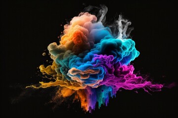 Captivating Colorful Fume Explosion  on Black Background with Mesmerizing Smoke Texture and Water Reflections, Generative AI.