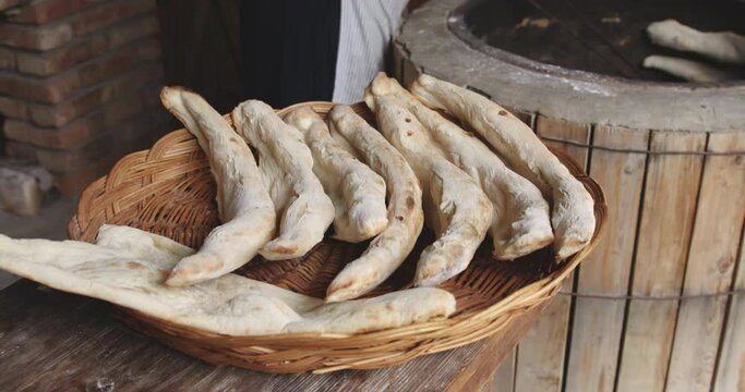 Traditional Shotis Puri Bread In A Bakery At Kakheti Town In Sighnaghi, Georgia. Reveal Shot