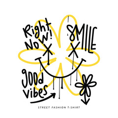 Fototapeta na wymiar Smiling emoji face drawing. Groovy 70s style slogan text and yellow flower. Vector illustration design for fashion graphics, t-shirt prints.