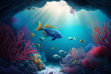 Fototapeta na wymiar Discover the Vibrant Life of Coral Reefs: A Traveler's Guide to Underwater Wonders and Colorful Tropical Fish in Clear Ocean Waters - Illustrated in Digital Art Style, Generative AI.
