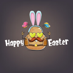vector rock star happy easter potato funny cartoon character with blue bunny ears isolated on grey background. Rock n roll easter party poster or happy easter greeting card