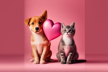 Fototapeta na wymiar Spread Love with Adorable Dog and Cat Holding Valentine Heart Balloon on Pink Background - Perfect for Valentine's Day Card, Generative AI.