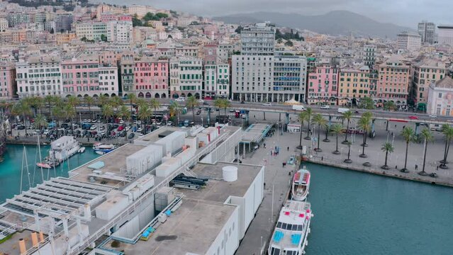 Genoa Aquarium at Old Port (Porto Antico) - tourists strolling around; aerial