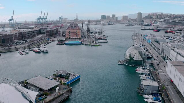 Scenic aerial view of Biosfera in Genoa Old Port - popular tourist attraction