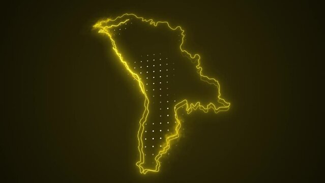 3D Moving Neon Yellow Moldova Map Borders Outline Loop Background. Neon Yellow Colored Moldova Map Borders Outline Seamless Loop Dark Background. Moldova Neon Map Borders Outline.