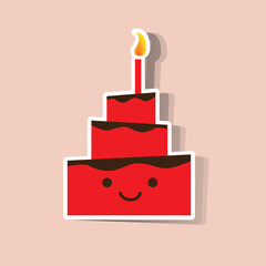 Cute and Funny Red Paper Cut Birthday Cake Design with Candle and Smiling Face - Vector Illustration