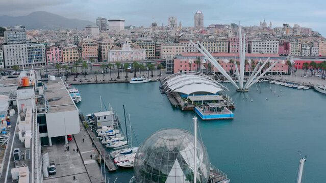 Drone flight over Biosfera (glass sphere) at Porto Antico, Genoa, Italy