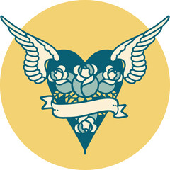 tattoo style icon of a flying heart with flowers and banner