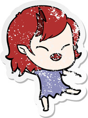 distressed sticker of a cartoon laughing vampire girl