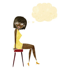 cartoon woman sitting on stool with thought bubble