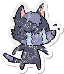 distressed sticker of a cartoon crying wolf