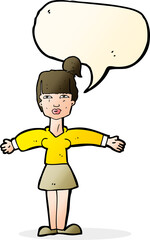 cartoon woman shrugging shoulders with speech bubble