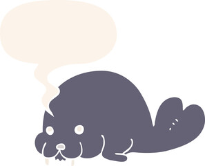 cute cartoon walrus and speech bubble in retro style