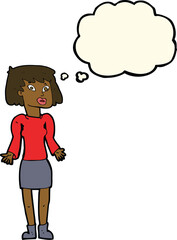 cartoon woman shrugging shoulders with thought bubble