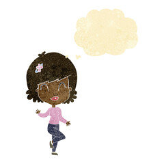 cartoon pretty woman dancing with thought bubble