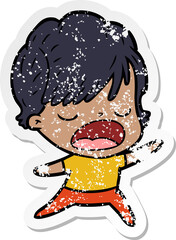 distressed sticker of a cartoon woman talking